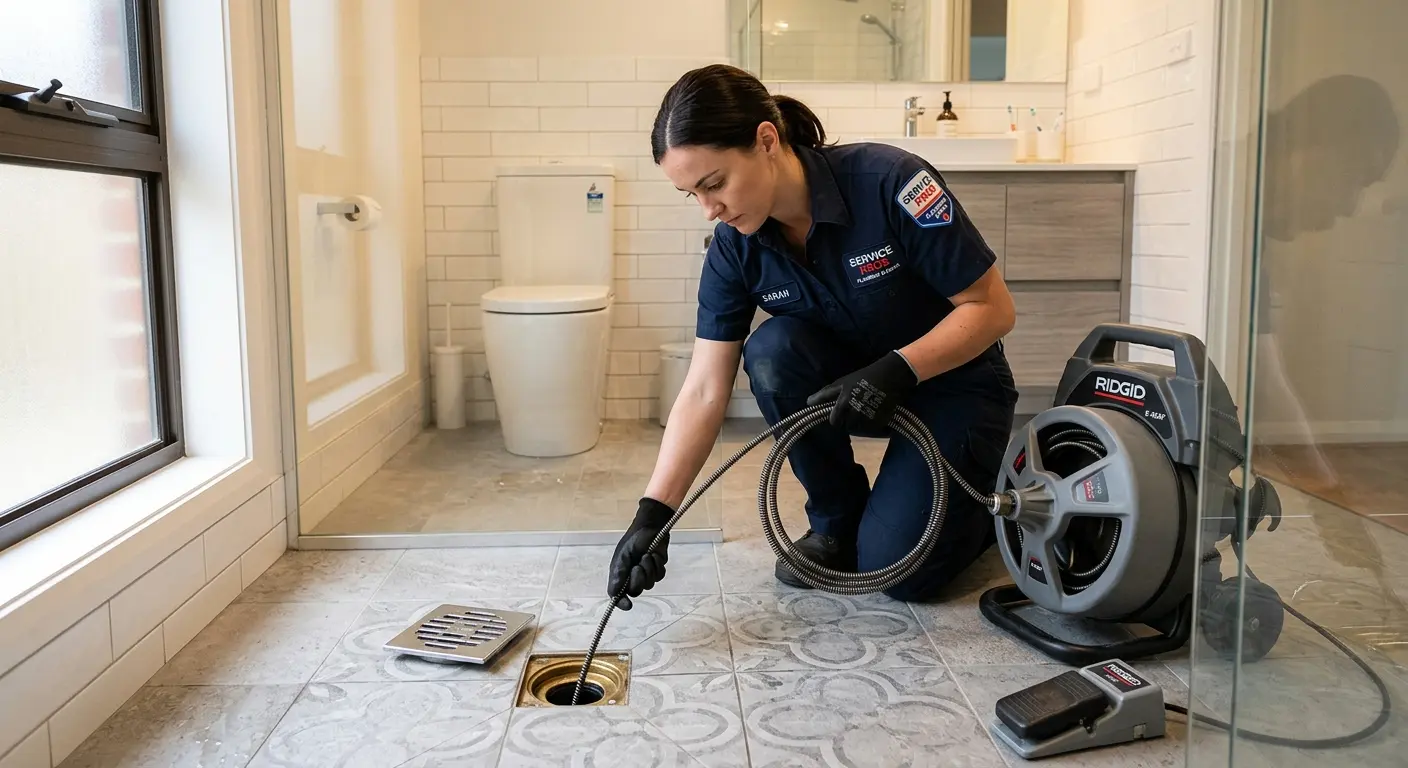 Technician clearing a bathroom floor drain for Drain Repair in Andover
